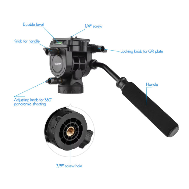 Fluid Hydraulic Ball Head Panoramic Photography Max. Load 5KG with Handle for 1/4 Inch Screw Camera Camcorder