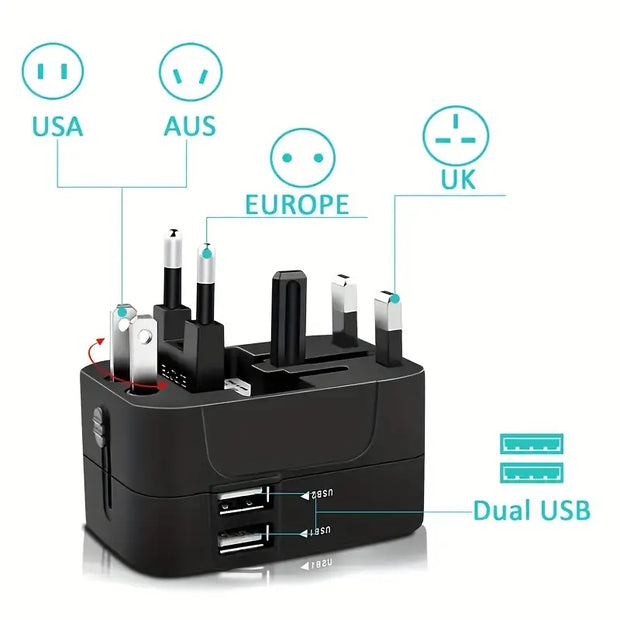 Universal Travel Adapter with Dual USB Ports – Charge Anytime, Anywhere! 🌍🔌